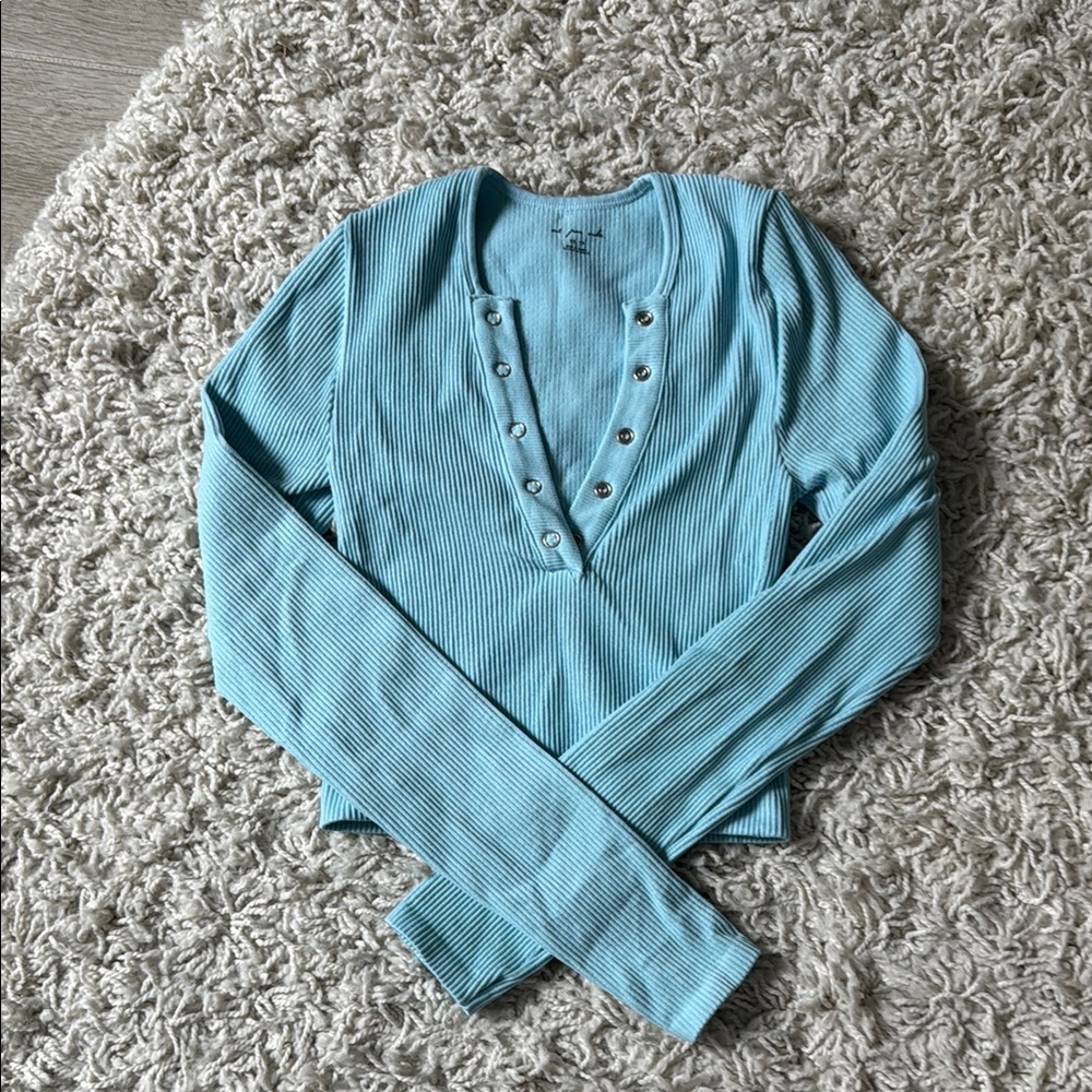 Light Blue Button-Detail Ribbed Top